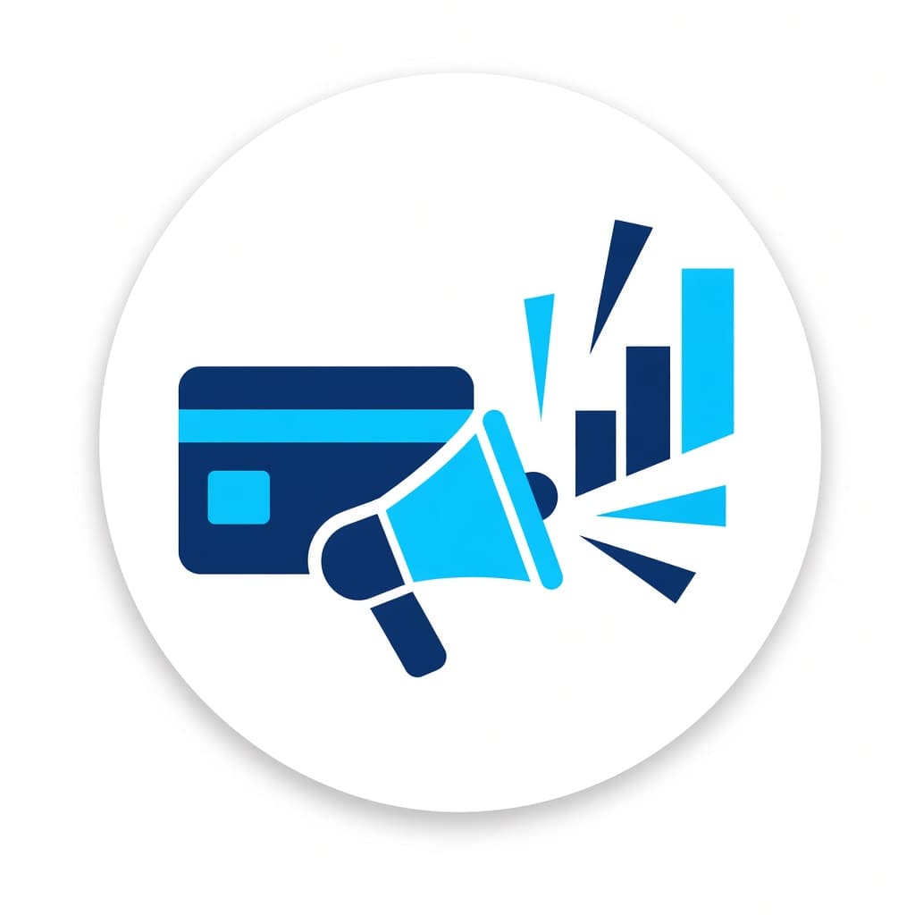 Credit card and megaphone, representing prepaid ads account setup